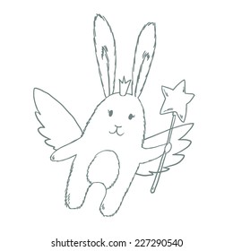 Cute fairy princess rabbit with magic wand, wings and crown. Vector illustration