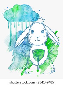 Cute fairy princess rabbit with magic wand, wings and crown. Vector illustration on abstract watercolor background