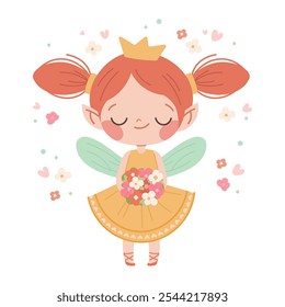 Cute fairy princess with wings and bouquet of flowers. Drawn fairy with red hair on white background. Vector kid's character