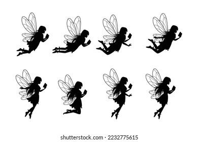 cute fairy reading book silhouette set