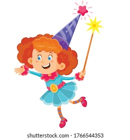 cute fairy with red hair and in a purple cap with a magic wand in hand, delight, amazement, isolated object on a white background, vector illustration, EPS