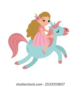 Cute fairy riding a unicorn. White background, isolate
