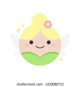 Cute fairy round graphic vector icon. Fairy with blonde hair, green dress and wings. Fairytale creature, magical character head, face illustration. Isolated.