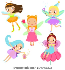 Cute Fairy set. Beautiful girl in fying fairy costumes. Funny winged elf princesses in cartoon style. Vector illustration for kids and babies