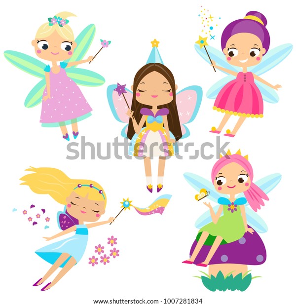 Cute Fairy set. Beautiful girl in fying fairy\
costumes. Funny winged elf princesses in cartoon style. Vector\
illustration for kids and\
babies