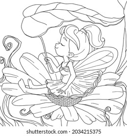 Cute fairy sitting flower cartoon vector illustration isolated white background Black   white outline coloring book pages