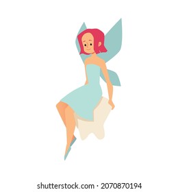 Cute fairy sitting on huge tooth, flat vector illustration isolated on white background. Fantasy imaginable fairy female cartoon character with baby tooth.