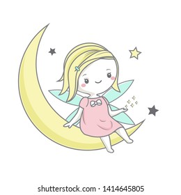 Cute fairy sitting on moon and play with stars. Vector illustration for children fashion prints and baby nursery design