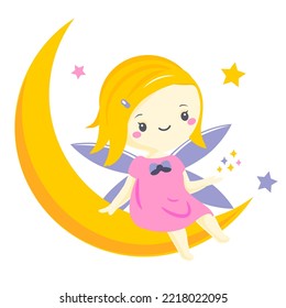 Cute fairy sitting on moon and play with stars. Vector illustration for children fashion prints and baby nursery design