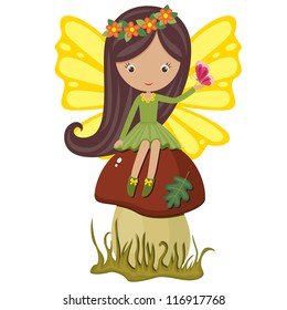 Cute fairy sitting on a mushroom with butterfly