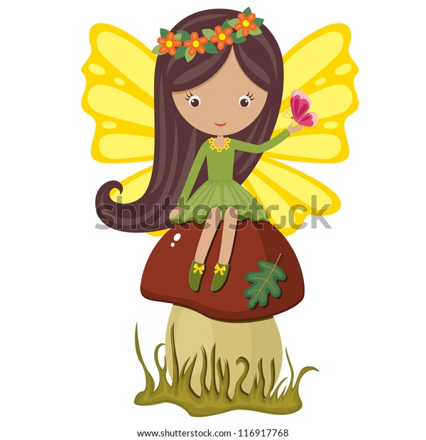 Cute Fairy Sitting On Mushroom Butterfly Stock Vector (Royalty Free ...