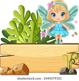 Cute fairy standing on a blank wooden sign