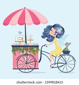 Cute fairy with sweet little friends ride a candy house on bicycle.