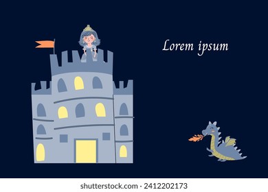 cute fairy tail dragon and castle invitation banner. Vector illustration on dark blue background. 