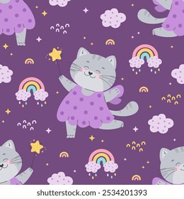 Cute fairy tale cat seamless pattern