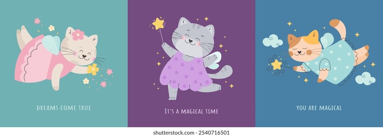 Cute fairy tale cat with wings magic poster set