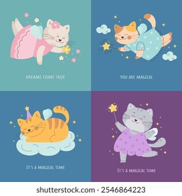 Cute fairy tale cat with wings magic poster set