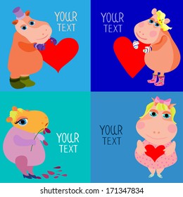Cute fairy tale character keeps the heart in hand, drawn in a cartoon style. Set of the four-vector illustrations with space for text.