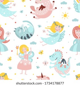 Cute Fairy Tale Characters Seamless Pattern Background Vector Illustration