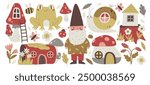 Cute fairy tale design elements set with gnome, frog, snail, stump and mushroom houses and flower blossoms vector illustration. Fantasy magic character with creative life decoration collection