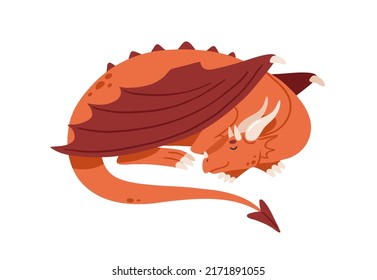 Cute fairy tale dragon sleeping, relaxing. Fairytale baby dinosaur lying, resting. Adorable child dino animal. Fantasy magic character. Childish flat vector illustration isolated on white background