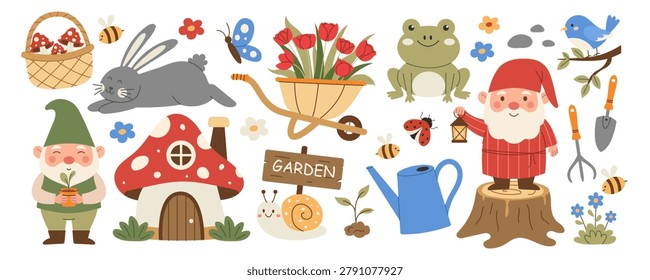 Cute fairy tale garden elements set with whimsical gnome characters, woodland animals, mushroom house, flowers and gardening accessories for spring nature designs