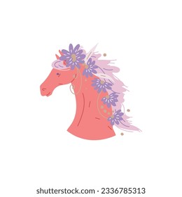 Cute fairy tale horse with big flowers in mane flat style, vector illustration isolated on white background. Fantastic animal, decorative design element, nature and mystic