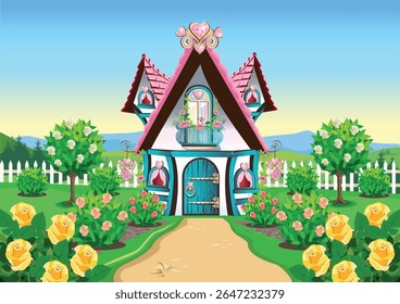 Cute fairy tale house with a beautiful garden, white fence, garden path, rose bushes and ornamental plants. Flower bed in the front yard. Vector illustration.