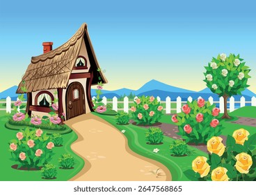 Cute fairy tale house with a beautiful garden, white fence, garden path, rose bushes and ornamental plants. Flower bed in the front yard. Vector illustration.