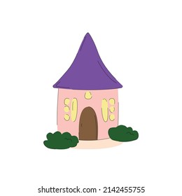 Cute fairy tale house with purple roof flat style, vector illustration isolated on white background. Building with windows and door, bushes. Outline, fantasy