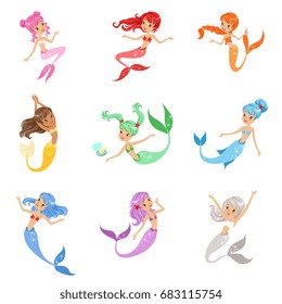 Cute fairy tale mermaid princess with colorful hair and taill set of vector Illustrations