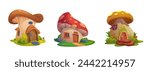Cute fairy tale mushroom gnome or elf house vector set. Fantasy fairytale forest building for magic dwarf or hobbit with window, fungus roof and porch. Isolated vegetable village cottage illustration