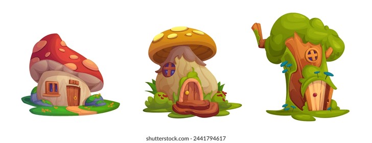 Cute fairy tale mushroom gnome or elf house vector set. Fantasy fairytale forest building for magic dwarf or hobbit with window, fungus roof and porch. Isolated vegetable village cottage illustration