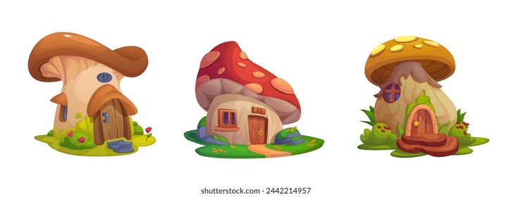 Lindo juego de vector de hongo de cuento de hadas o casa elfo. Edificio de bosque de cuento de hadas de fantasía para enano mágico o hobbit con ventana, techo de hongos y porche. Ilustración aislada de casa de campo de pueblo vegetal