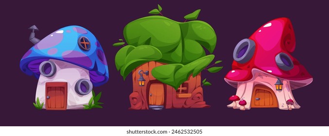 Cute fairy tale mushroom gnome or elf forest house. Fantasy building for fairytale hobbit village isolated on background. Funny fungus wizard hut with roof for magical kids story imagination.