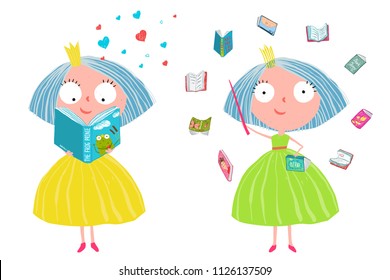 Cute Fairy Tale Princess Reading Magic Books. Fun colorful clip art with little girls reading stories. Vector cartoon.