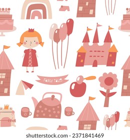 Cute fairy tale seamless pattern. Funny hand drawn doodle repeatable pattern with princess, castle, tower, frog, balloons, tea pot, flower, perfume, rainbow. Kingdom theme background