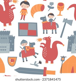 Cute fairy tale seamless pattern. Funny hand drawn doodle repeatable pattern with prince, knight, dragon, sword, shield, fortress, tent. Kingdom theme background