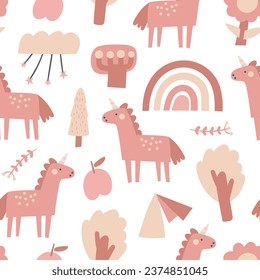 Cute fairy tale seamless pattern. Funny hand drawn doodle repeatable pattern with unicorn, rainbow, tree. Princess theme background