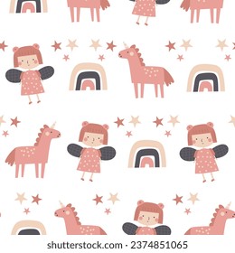 Geräumiges märchenhaftes Muster. Funny Hand gezeichnet doodle wiederholbare Muster mit Fee, Unicorn, Regenbogen, Sterne. Prinzessin-Hintergrund