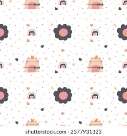 Cute fairy tale seamless pattern. Funny hand drawn doodle repeatable pattern with flowers, nature, rainbow, princess frog. Kingdom theme background