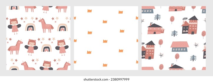 Cute fairy tale seamless patterns set. Funny hand drawn doodle repeatable pattern with fairy, unicorn, crown, houses, trees, rainbow. Princess theme backgrounds