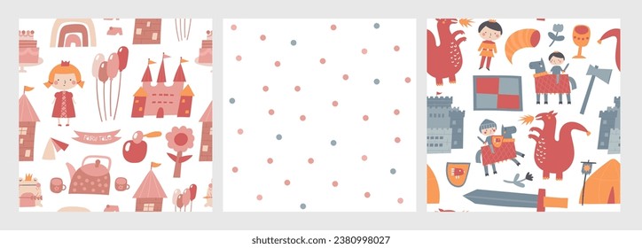Cute fairy tale seamless patterns set. Funny hand drawn doodle repeatable pattern with princess, castle, tower, prince, knight, dragon, sword, shield. Kingdom theme backgrounds