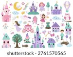 Cute fairy tale set with princess castles, characters and magic elements. Simple flat minimal kids style illustration. 