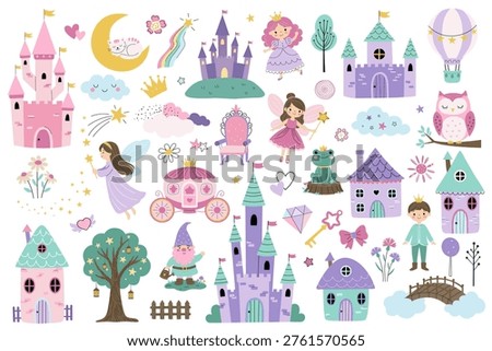 Cute fairy tale set with princess castles, characters and magic elements. Simple flat minimal kids style illustration. 