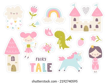 Cute fairy tale sticker pack for girls. Magic girly collection with princess and unicorn.