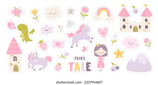 Cute fairy tale stickers set for girls. Magic girly collection with princess and unicorn. Kawaii fantasy sticker bundle.