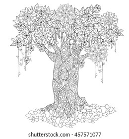 Cute fairy tale tree from magic forest with flowers. Hand drawn doodle zen art.Adult anti stress coloring book or tattoo boho style.