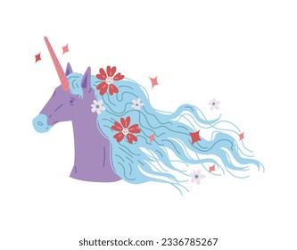 Cute fairy tale unicorn with flowers in blue fluttering mane flat style, vector illustration isolated on white background. Decorative design element, fantastic animal with horn, shine