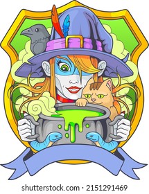 cute fairy tale witch with a cat, funny illustration, design